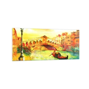 Quadro su vetro - Un pittoresco ponte sul canale con una gondola alla luce del sole al tramonto - 120x50cm - Il pellegrinaggio degli innamorati - Decorazione murale moderna per soggiorno e camera da letto ARTTOR
