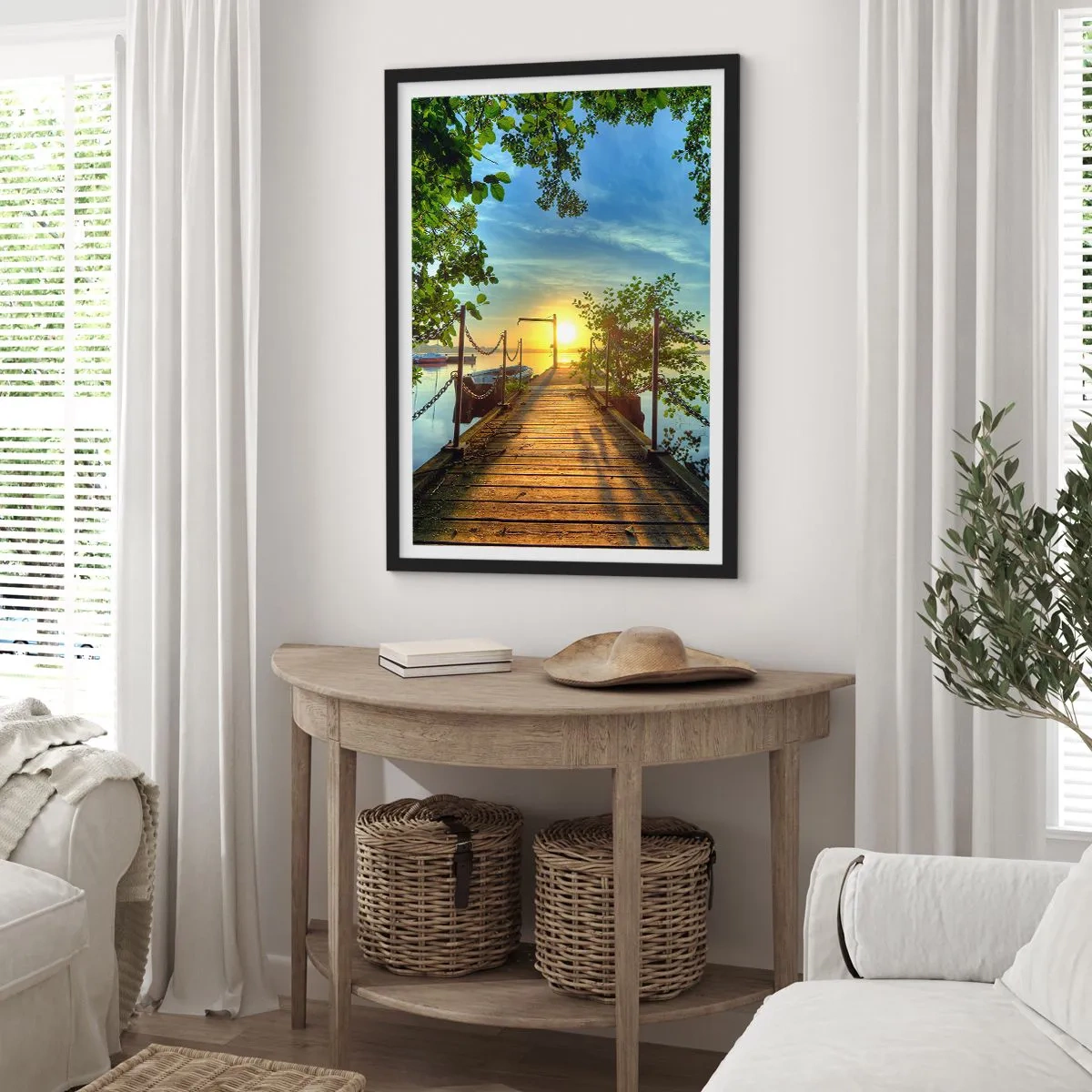 Poster in cornice nera - Molo di legno sul lago al tramonto - 50x70cm - Tramonto sul lago - Decorazione murale moderna per soggiorno e camera da letto ARTTOR