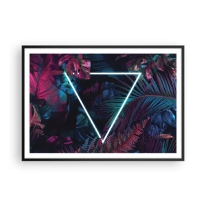 Poster in cornice nera - Un triangolo al neon circondato da foglie tropicali dai colori scuri. - 100x70cm - Giardino in stile discoteca - Decorazione murale moderna per soggiorno e camera da letto ARTTOR