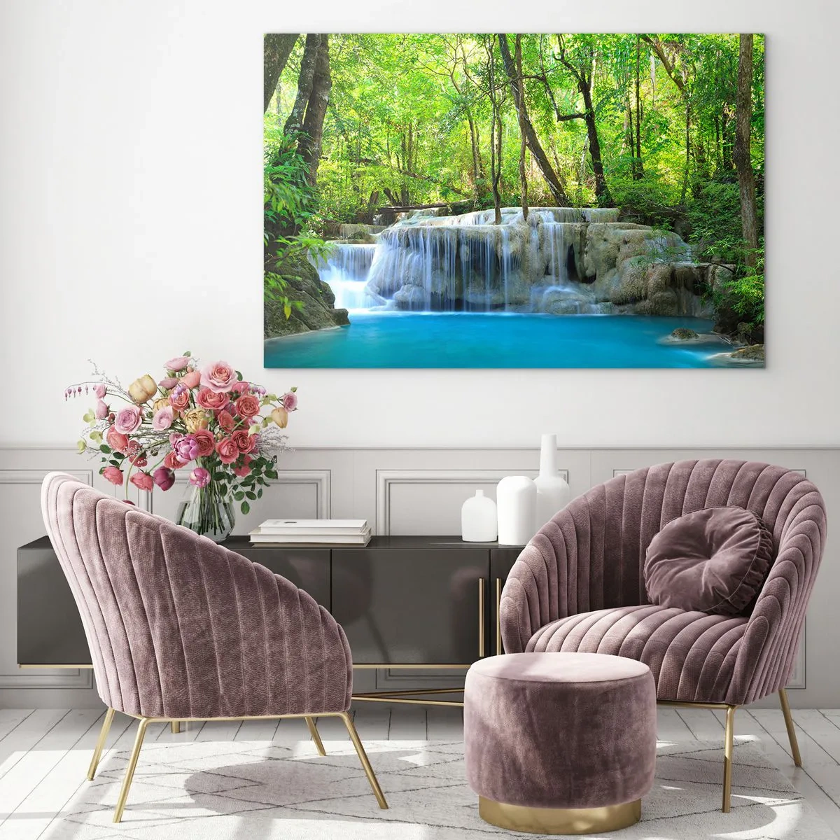 Quadro su vetro - Una cascata circondata da alberi verdi e acqua blu - 70x50cm - Annegare nel turchese e nel verde - Decorazione murale moderna per soggiorno e camera da letto ARTTOR