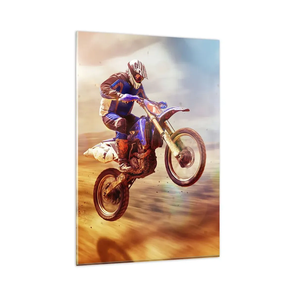Quadro su vetro - Un motociclista in volo durante un dinamico giro fuoristrada - 80x120cm - Vertigini motociclistiche - Decorazione murale moderna per soggiorno e camera da letto ARTTOR
