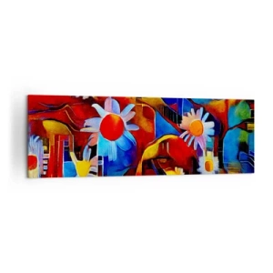Quadro su tela - Stampe su Tela - Fiori astratti su uno sfondo di motivi geometrici - 160x50cm - I colori della vita - Decorazione murale moderna per soggiorno e camera da letto ARTTOR
