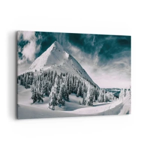 Quadro su tela - Stampe su Tela - Una cima di montagna innevata circondata da una foresta invernale - 120x80cm - Il paese della neve e del ghiaccio - Decorazione murale moderna per soggiorno e camera da letto ARTTOR
