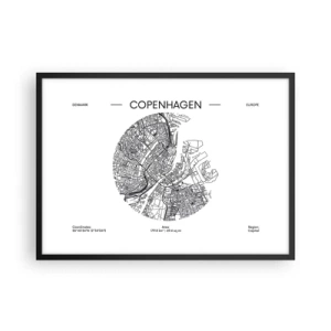 Poster in cornice nera - Una mappa di Copenaghen in stile minimalista in bianco e nero. - 70x50cm - Anatomia di Copenaghen - Decorazione murale moderna per soggiorno e camera da letto ARTTOR