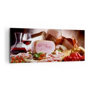 Quadro su tela - Stampe su Tela - Affettati con vino su sfondo rustico - 120x50cm - Sogno culinario con caraffa - Decorazione murale moderna per soggiorno e camera da letto ARTTOR