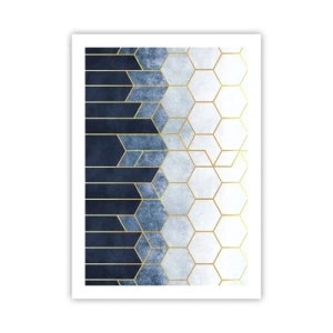 Poster - Composizione geometrica nei toni del blu navy e dell'oro con esagoni - 50x70cm - Composizione a ritmo sincopato - Decorazione murale moderna per soggiorno e camera da letto ARTTOR