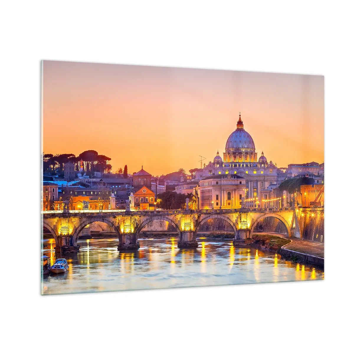 Quadro su vetro - Ponte e Basilica a Roma al tramonto - 100x70cm - Tramonto sulla Città Eterna - Decorazione murale moderna per soggiorno e camera da letto ARTTOR
