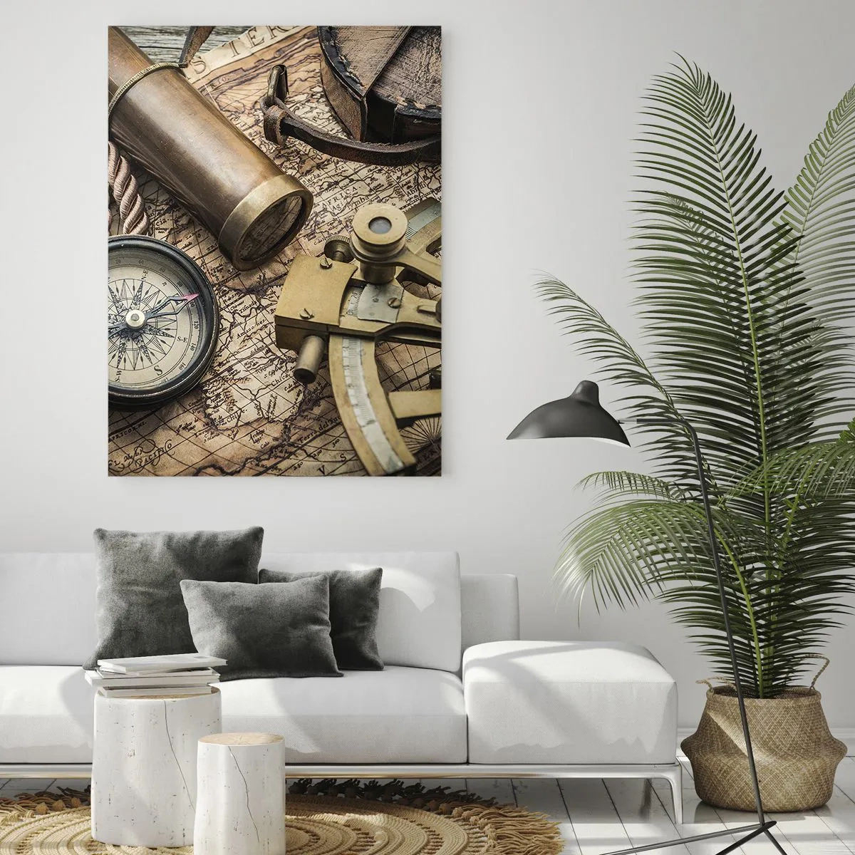 Quadro su vetro - Una bussola, un sestante e un telescopio sullo sfondo di una vecchia mappa e di una corda nautica. - 70x100cm - Traccia la rotta - Decorazione murale moderna per soggiorno e camera da letto ARTTOR