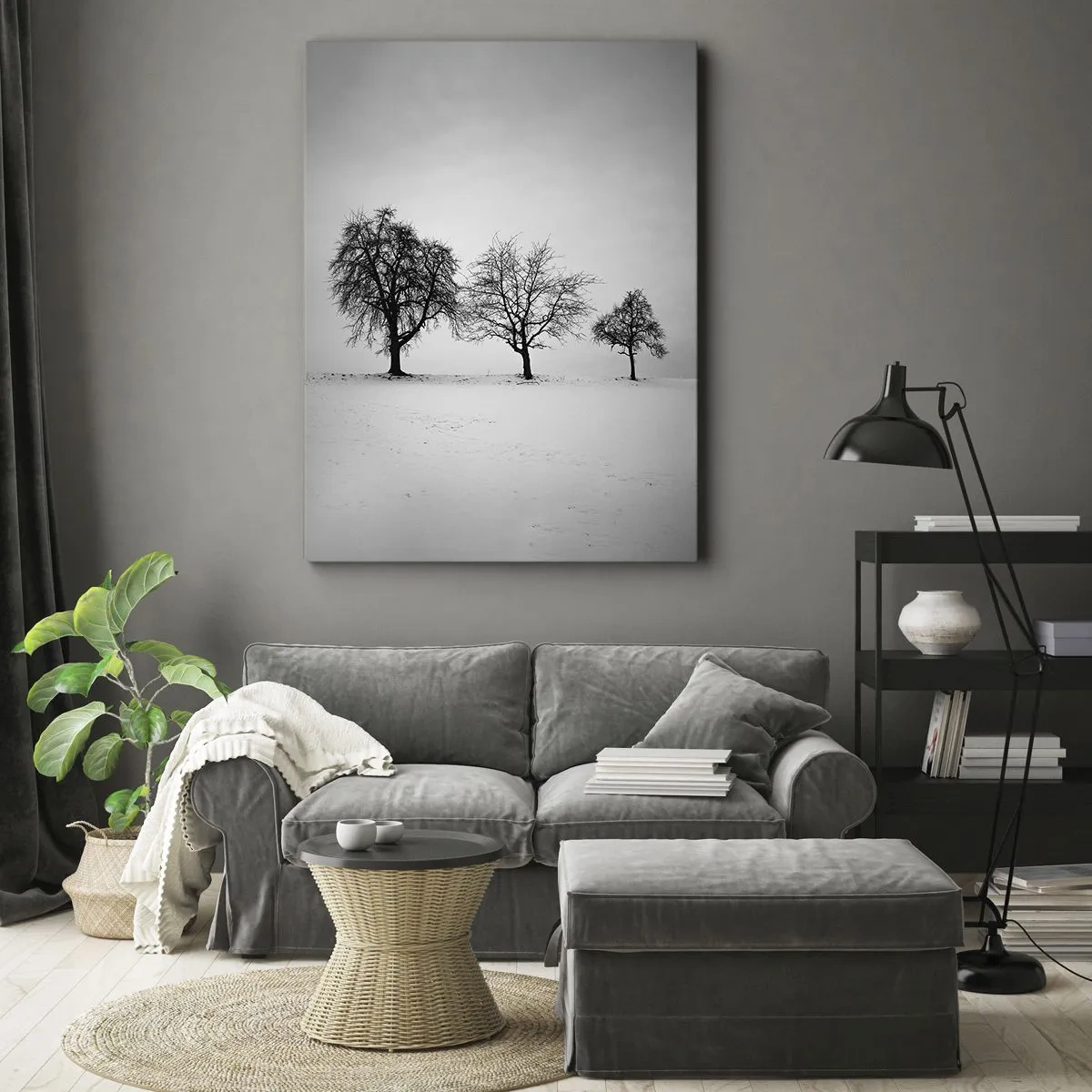 Quadro su tela - Stampe su Tela - Tre alberi in un campo innevato in stile monocromatico - 50x70cm - Cosa sognano? - Decorazione murale moderna per soggiorno e camera da letto ARTTOR
