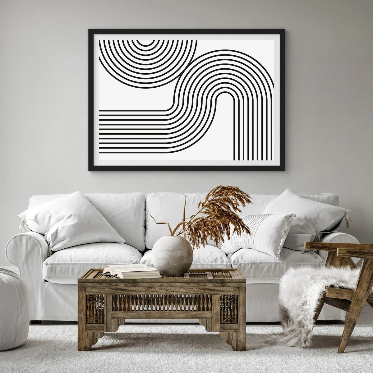 Poster in cornice nera - Un dipinto astratto con linee nere che creano motivi geometrici su uno sfondo bianco. - 70x50cm - In curva - Decorazione murale moderna per soggiorno e camera da letto ARTTOR