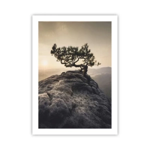 Poster - Un albero solitario su una cima rocciosa alla luce del sole al tramonto - 50x70cm - La vita vince sempre - Decorazione murale moderna per soggiorno e camera da letto ARTTOR