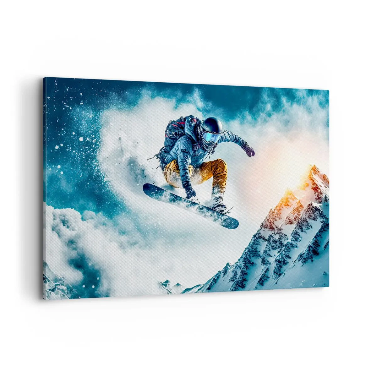 Quadro su tela - Stampe su Tela - Uno snowboarder vola sopra le montagne innevate - 100x70cm - Emozioni estreme - Decorazione murale moderna per soggiorno e camera da letto ARTTOR