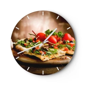 Orologio da parete - Orologio in Vetro - Pizza con rucola, pomodori e olive su tagliere di legno - 30x30cm - Direttamente dal forno e dal giardino - Decorazione murale moderna per soggiorno, cucina e camera da letto ARTTOR