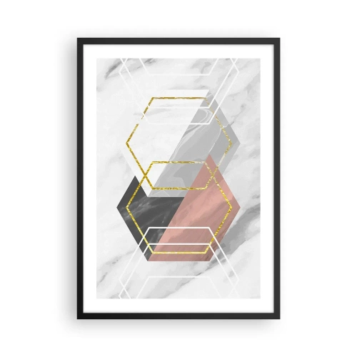 Poster in cornice nera - Esagoni geometrici su sfondo marmoreo - 50x70cm - Composizione a catena - Decorazione murale moderna per soggiorno e camera da letto ARTTOR