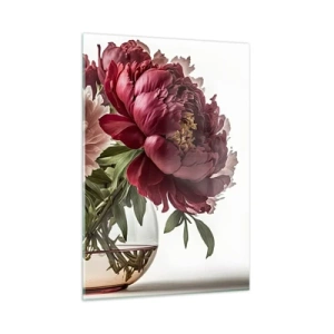 Quadro su vetro - Un bouquet di peonie in un vaso di vetro su uno sfondo chiaro - 50x70cm - Bellezza in piena fioritura - Decorazione murale moderna per soggiorno e camera da letto ARTTOR