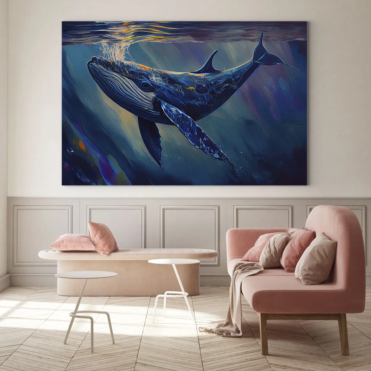 Quadro su vetro - Una balena che galleggia sott'acqua alla luce del sole - 100x70cm - Benvenuti nel mio mondo - Decorazione murale moderna per soggiorno e camera da letto ARTTOR