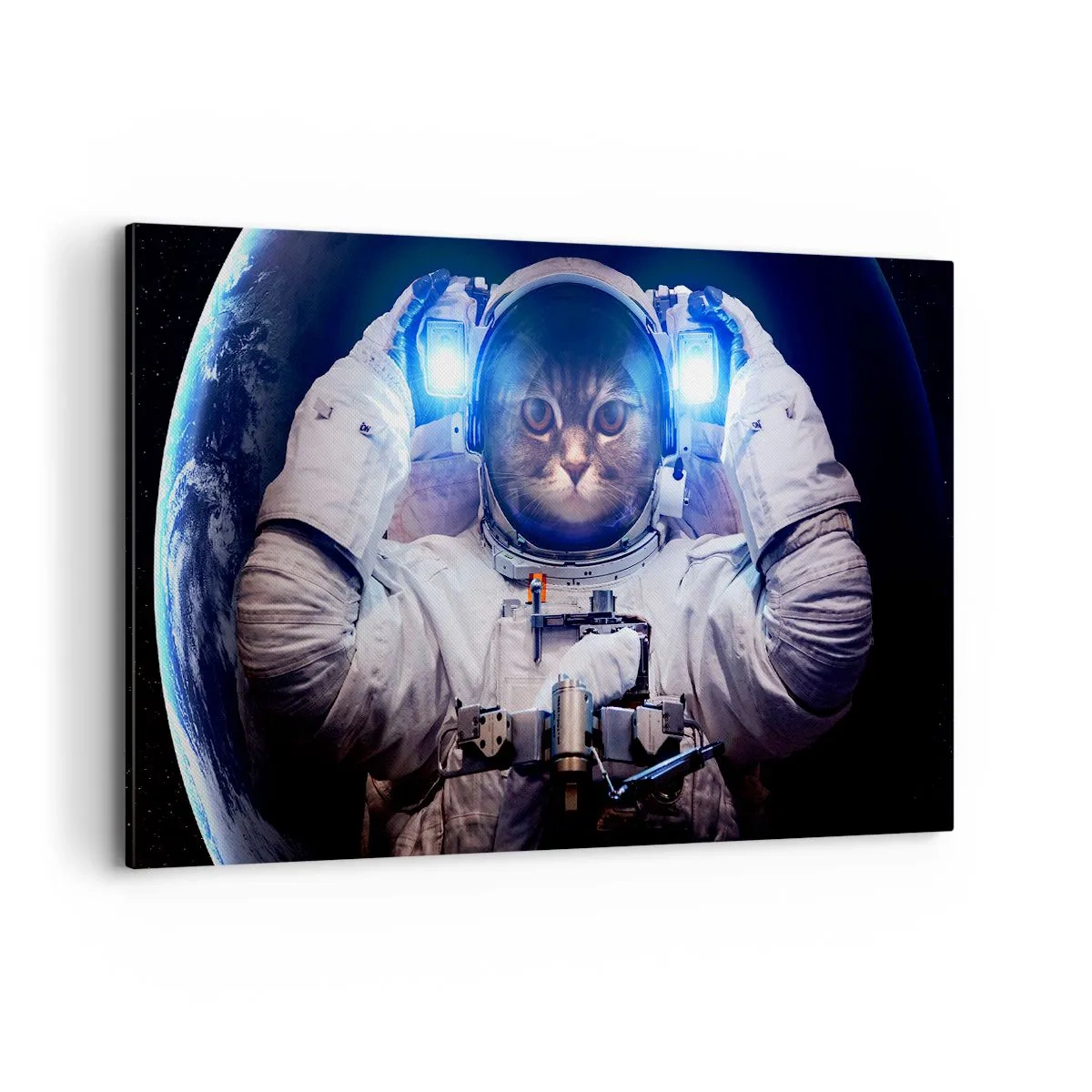 Quadro su tela - Stampe su Tela - Un gatto in tuta da astronauta con la Terra sullo sfondo e una luce intensa. - 120x80cm - Houston, avete un problema - Decorazione murale moderna per soggiorno e camera da letto ARTTOR
