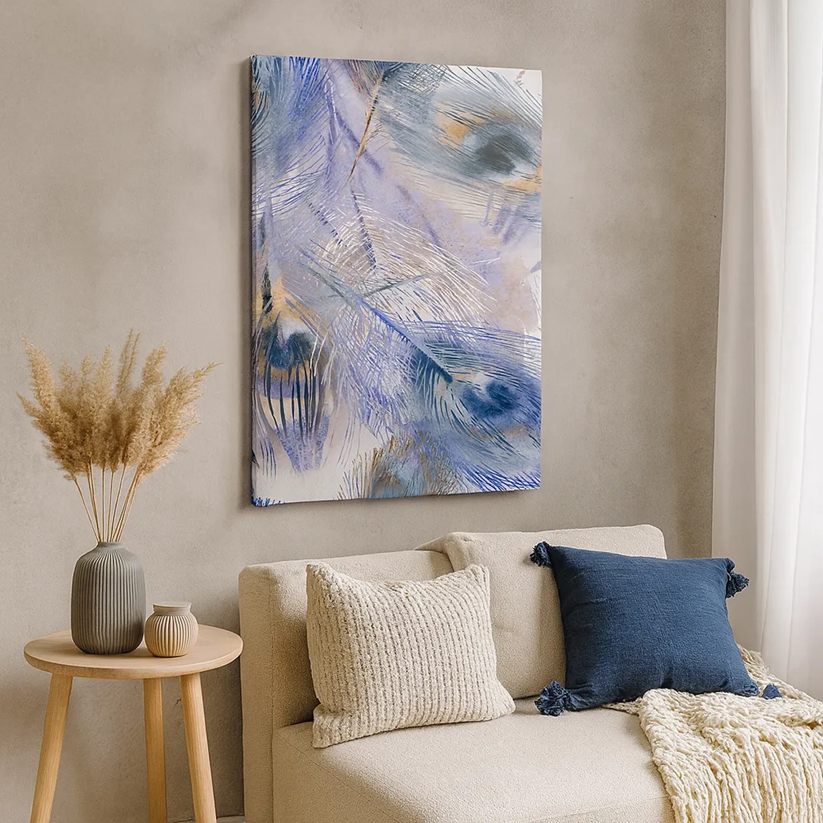 Quadro su tela - Stampe su Tela - Un motivo con piume di pavone nei toni del blu e dell'oro - 50x70cm - Composizione a occhio di pavone - Decorazione murale moderna per soggiorno e camera da letto ARTTOR