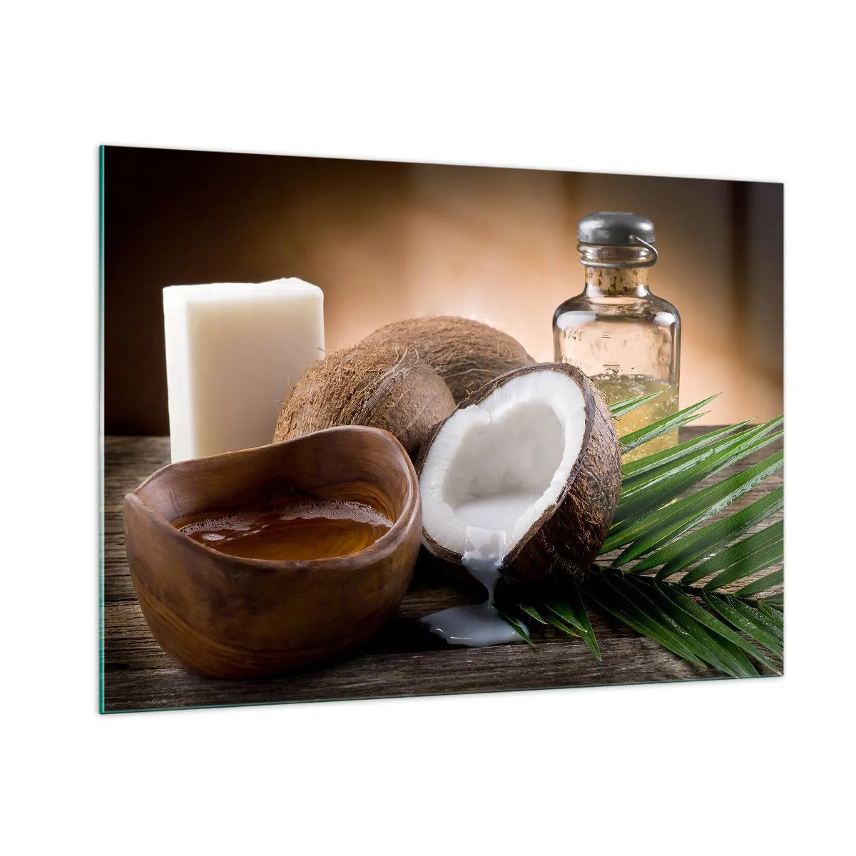 Quadro su vetro - Ingredienti naturali con cocco e olio su uno sfondo di legno - 100x70cm - Salute dalle isole tropicali - Decorazione murale moderna per soggiorno e camera da letto ARTTOR
