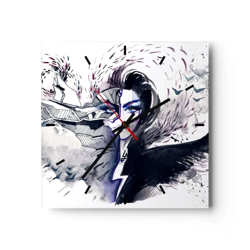 Orologio da parete - Orologio in Vetro - Volto astratto con elementi contrastanti e motivo ad ala - 30x30cm - Bella e demoniaca - Decorazione murale moderna per soggiorno e camera da letto ARTTOR