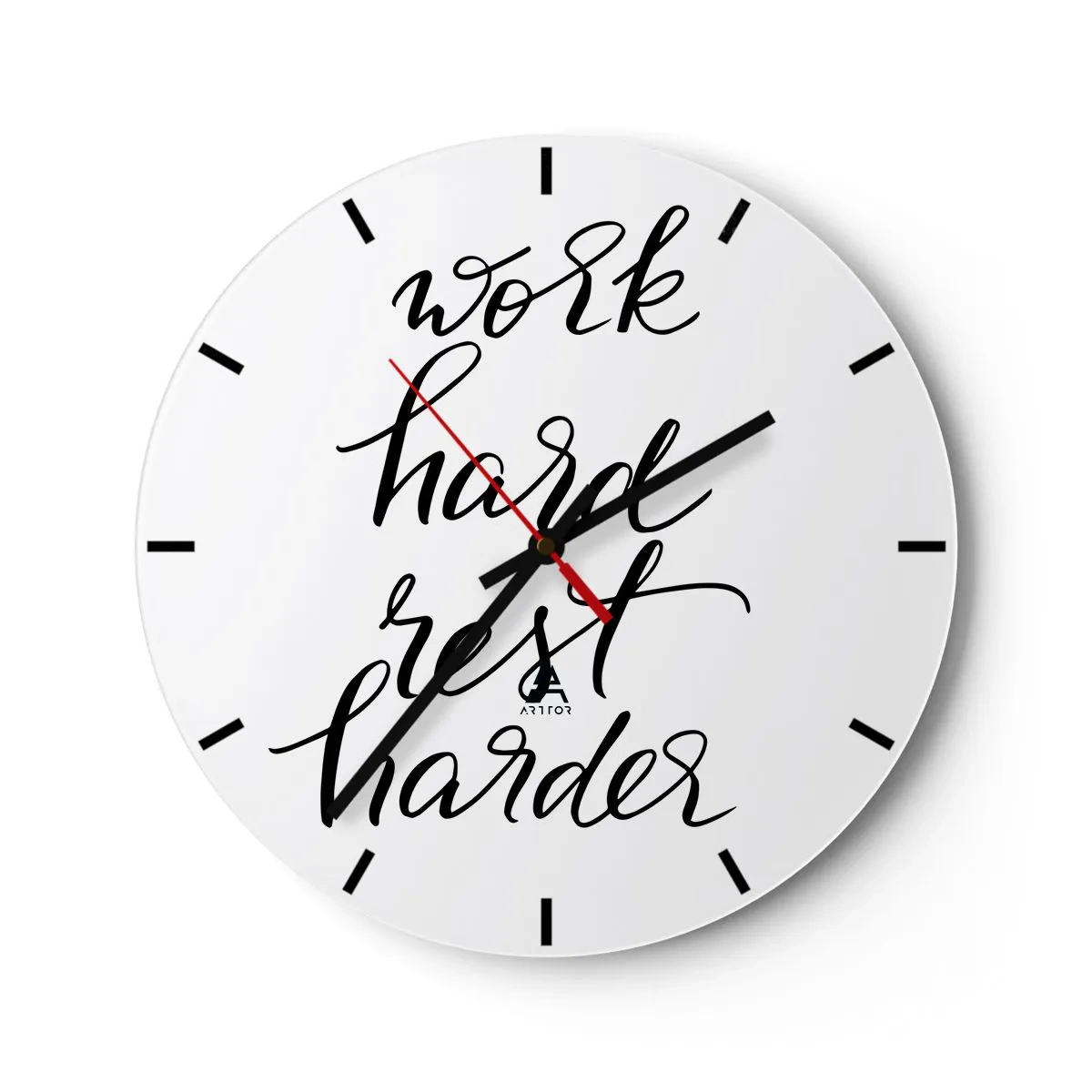 Orologio da parete - Orologio in Vetro - Scritta in bianco e nero "lavora duro, riposa di più" su sfondo bianco - 30x30cm - L'equilibrio della vita - Decorazione murale moderna per soggiorno, cucina e camera da letto ARTTOR