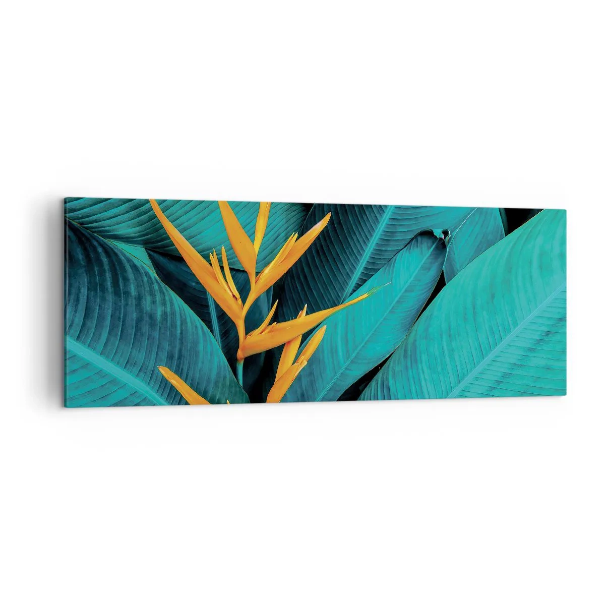 Quadro su tela - Stampe su Tela - Un fiore esotico su uno sfondo di foglie di banano in tonalità turchesi. - 140x50cm - Il fiore dell'Eden - Decorazione murale moderna per soggiorno e camera da letto ARTTOR