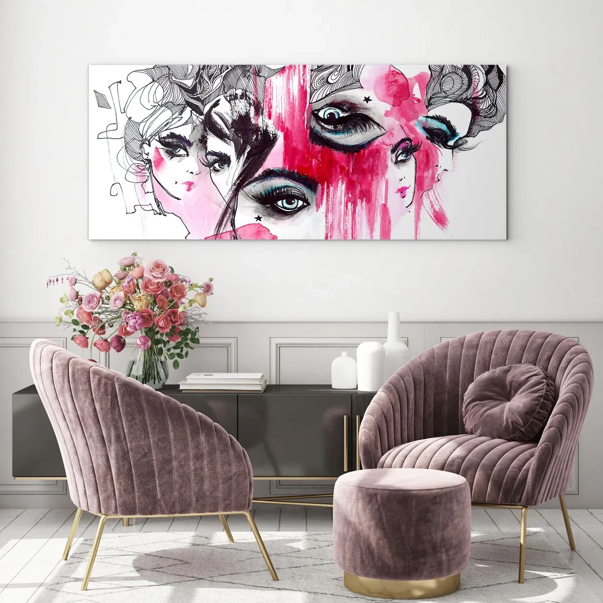Quadro su vetro - Volto astratto nei toni del rosa e del nero - 120x50cm - Occhi astratti - Decorazione murale moderna per soggiorno e camera da letto ARTTOR