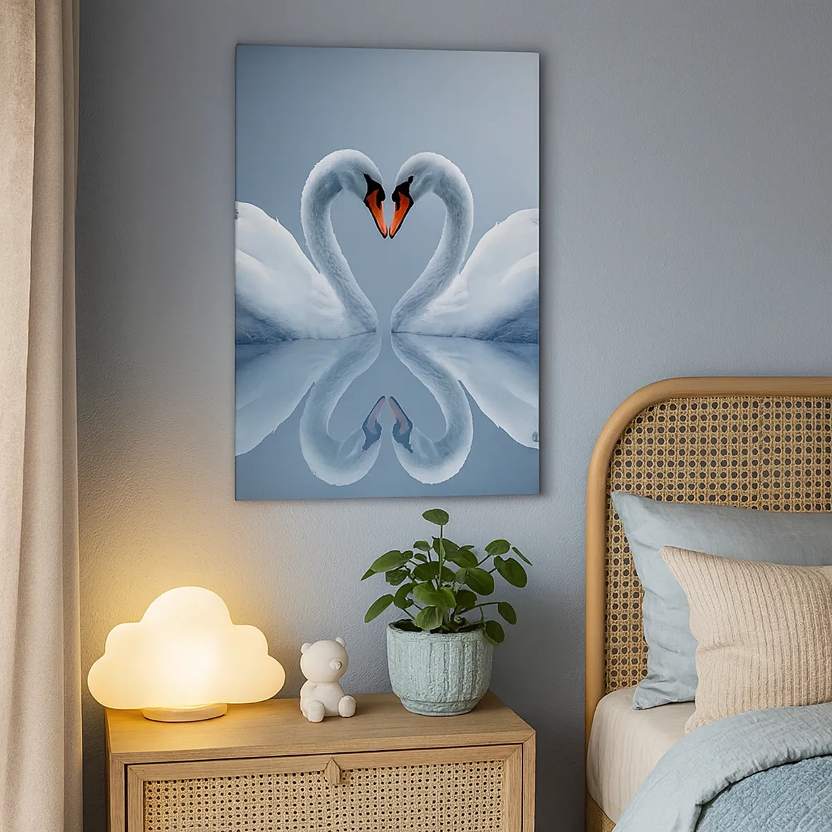 Quadro su tela - Stampe su Tela - Due cigni formano un cuore su una superficie calma dell'acqua - 50x70cm - Il tempo dell'amore - Decorazione murale moderna per soggiorno e camera da letto ARTTOR