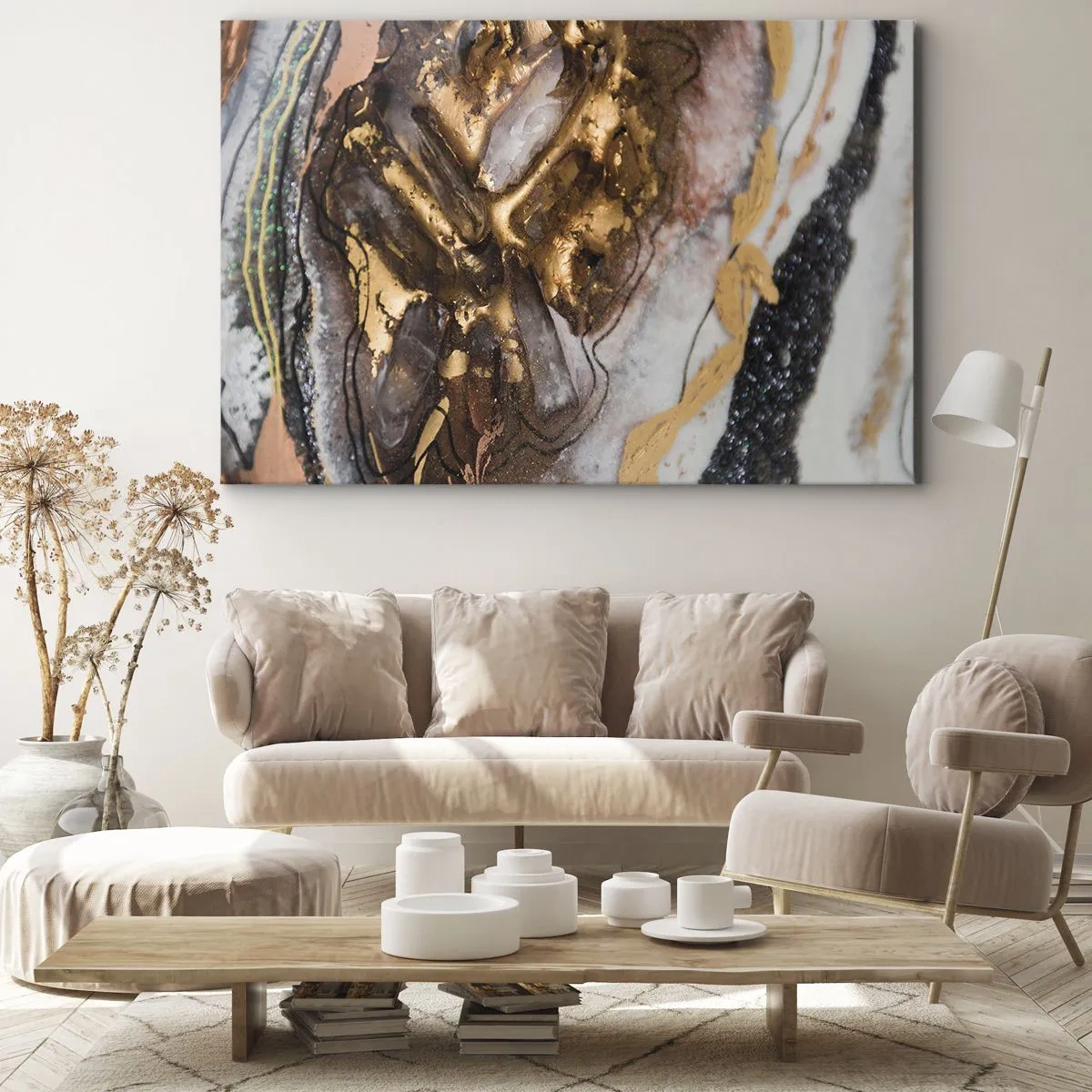 Quadro su tela - Stampe su Tela - Composizione astratta con elementi in oro e cristalli - 70x50cm - L'elemento della terra - Decorazione murale moderna per soggiorno e camera da letto ARTTOR