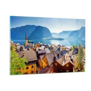 Quadro su vetro - Una pittoresca cittadina su un lago circondata da montagne - 120x80cm - Più pittoresco di così non si può - Decorazione murale moderna per soggiorno e camera da letto ARTTOR