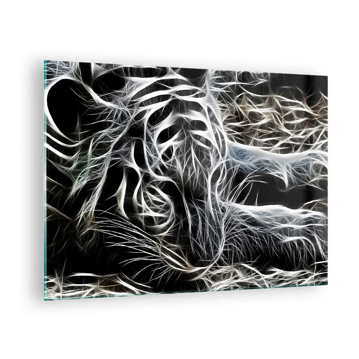 Quadro su vetro - Tigre astratta in linee luminose su sfondo nero - 70x50cm - Studio di leggerezza felina - Decorazione murale moderna per soggiorno e camera da letto ARTTOR