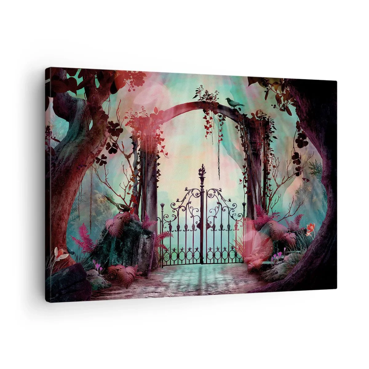 Quadro su tela - Stampe su Tela - Un ingresso magico con un cancello in ferro battuto circondato da una vegetazione misteriosa - 70x50cm - Il giardino dei misteri - Decorazione murale moderna per soggiorno e camera da letto ARTTOR