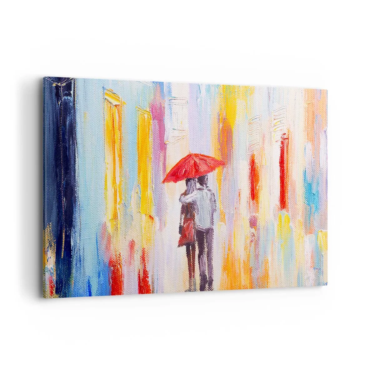 Quadro su tela - Stampe su Tela - Una coppia sotto un ombrello rosso con edifici colorati sullo sfondo. - 120x80cm - Che piova ancora - Decorazione murale moderna per soggiorno e camera da letto ARTTOR