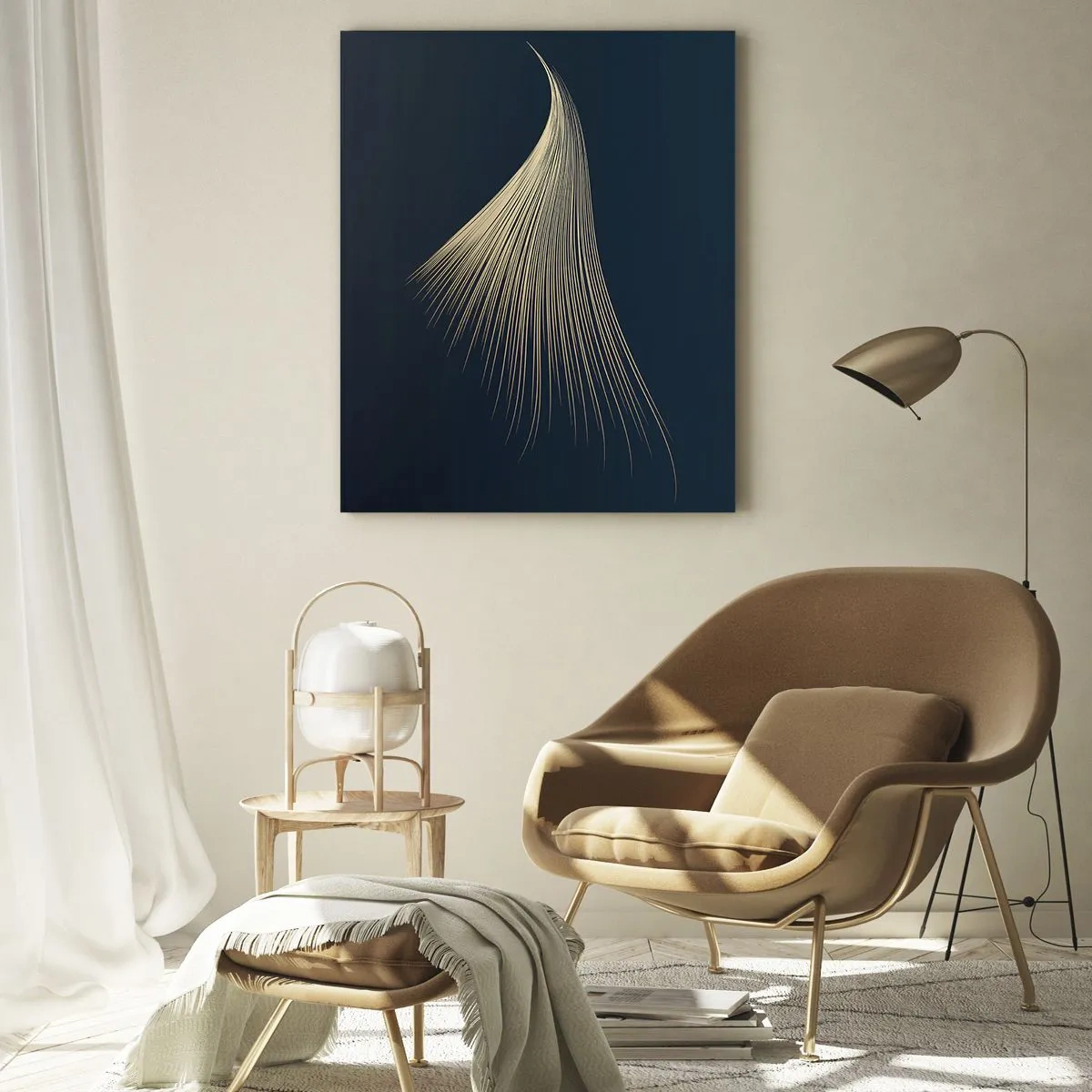 Quadro su vetro - Una linea dorata che ricorda un'ala su uno sfondo blu navy - 50x70cm - Come un capello d'angelo - Decorazione murale moderna per soggiorno e camera da letto ARTTOR