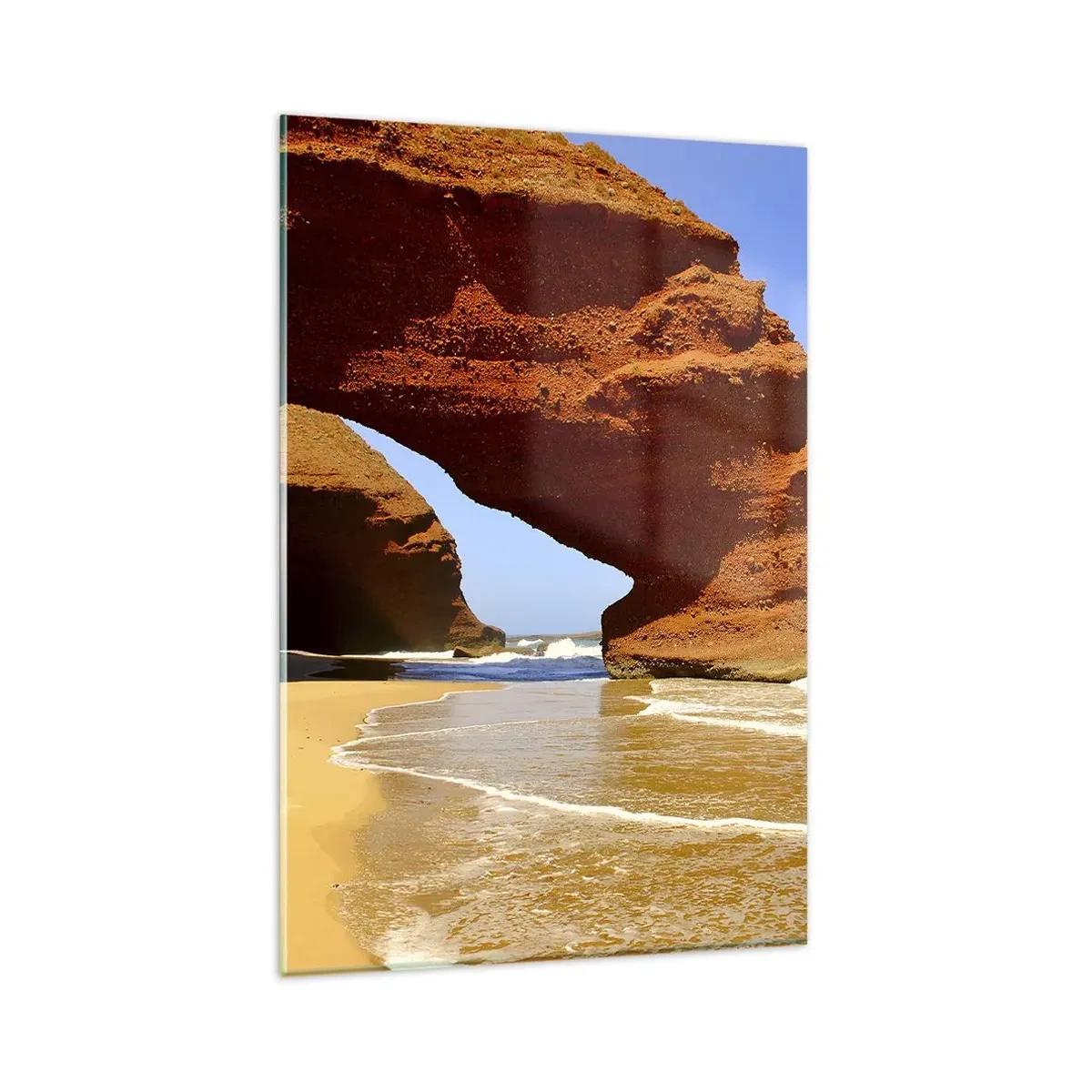 Quadro su vetro - Un arco di roccia naturale su una spiaggia con cielo azzurro e onde - 80x120cm - Migliaia di anni di acqua e vento - Decorazione murale moderna per soggiorno e camera da letto ARTTOR
