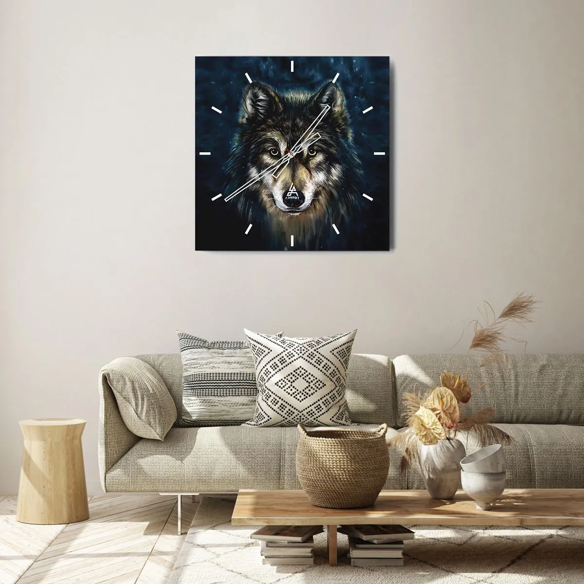 Orologio da parete - Orologio in Vetro - Ritratto di un lupo su sfondo blu scuro - 30x30cm - Alfa? E omega - Decorazione murale moderna per soggiorno e camera da letto ARTTOR
