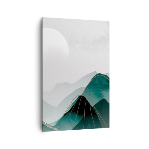 Quadro su tela - Stampe su Tela - Paesaggio montano astratto con la luna e linee dorate - 80x120cm - In tutta la maestà - Decorazione murale moderna per soggiorno e camera da letto ARTTOR