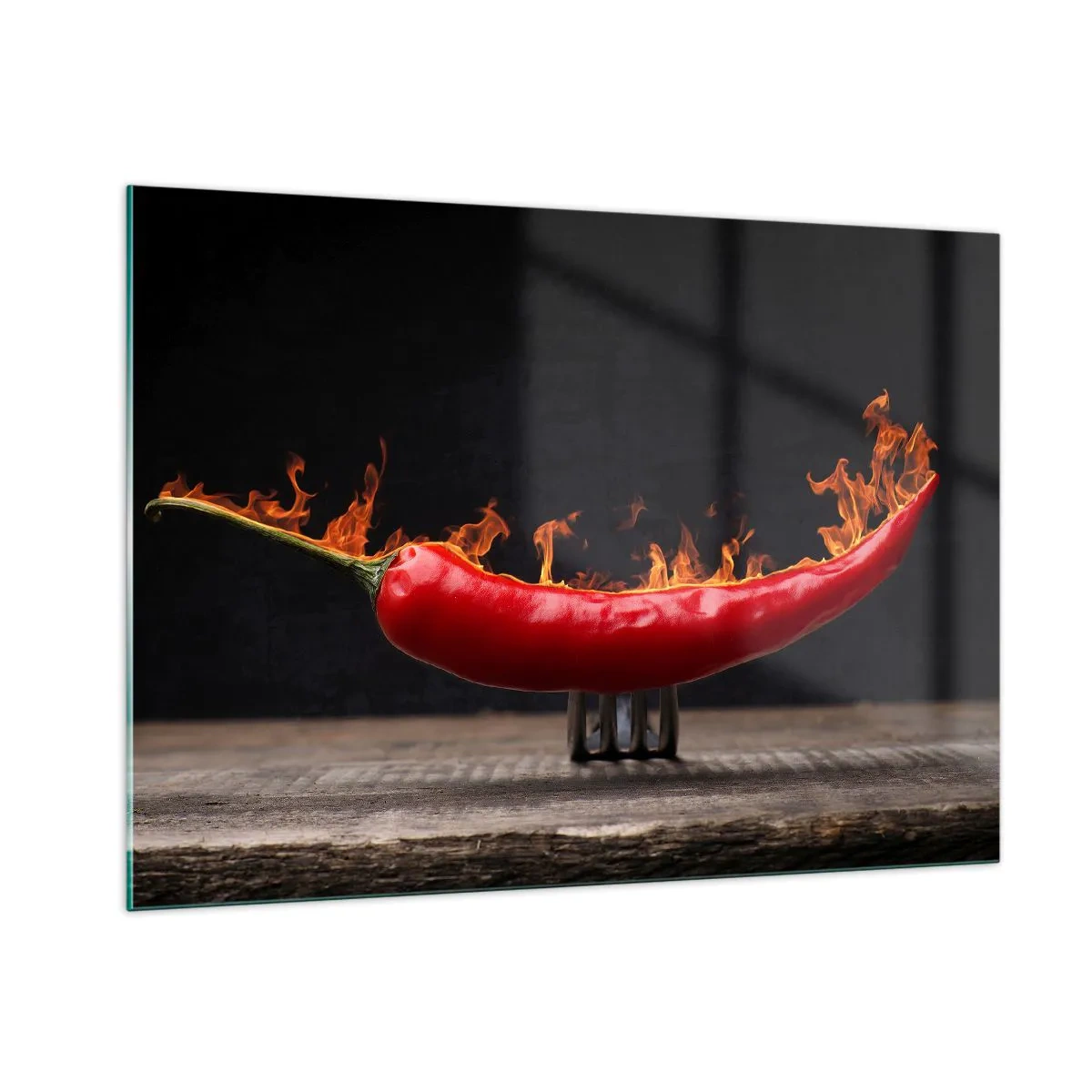 Quadro su vetro - Peperoncino rosso bruciante su sfondo nero - 100x70cm - Stuzzichino infuocato - Decorazione murale moderna per soggiorno e camera da letto ARTTOR