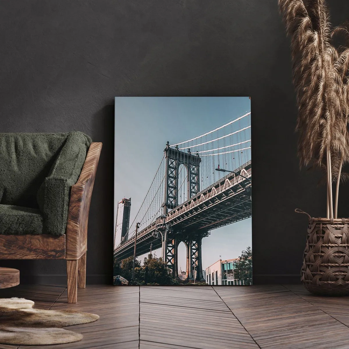 Quadro su tela - Stampe su Tela - Un ponte tra edifici in un paesaggio urbano - 50x70cm - Sopra le onde della città - Decorazione murale moderna per soggiorno e camera da letto ARTTOR