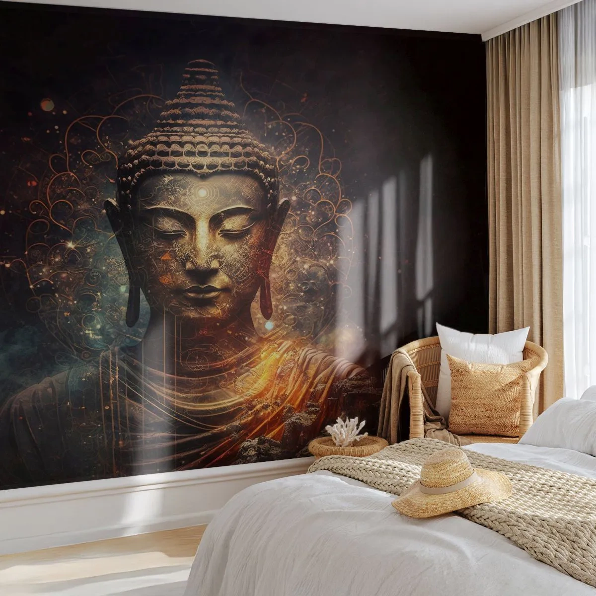Fotomurali Premium Sand - Una statua dorata del Buddha immersa in una luce mistica su uno sfondo scuro. - 100x70cm - Equilibrio spirituale - Decorazione murale moderna per soggiorno e camera da letto ARTTOR