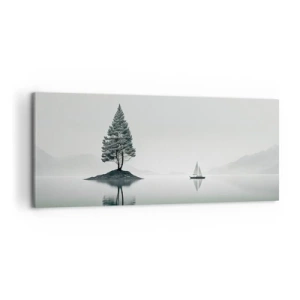 Quadro su tela - Stampe su Tela - Un paesaggio minimalista con un albero su un'isola e una barca a vela. - 120x50cm - Paesaggio onirico - Decorazione murale moderna per soggiorno e camera da letto ARTTOR