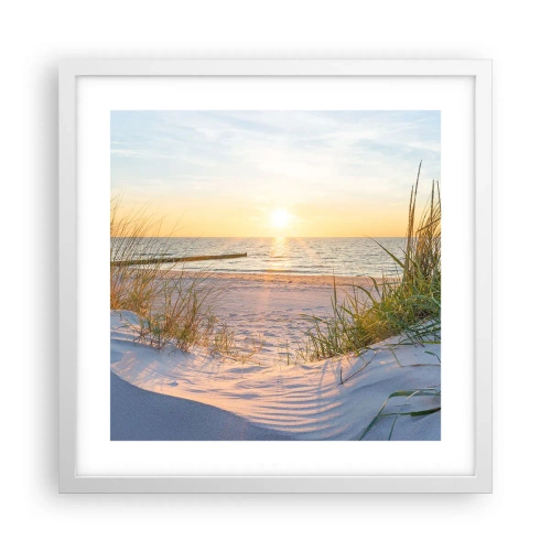 Poster in cornice bianca - Rumore del mare, uccelli che cantano, spiaggia selvatica tra i cespugli... - 40x40 cm