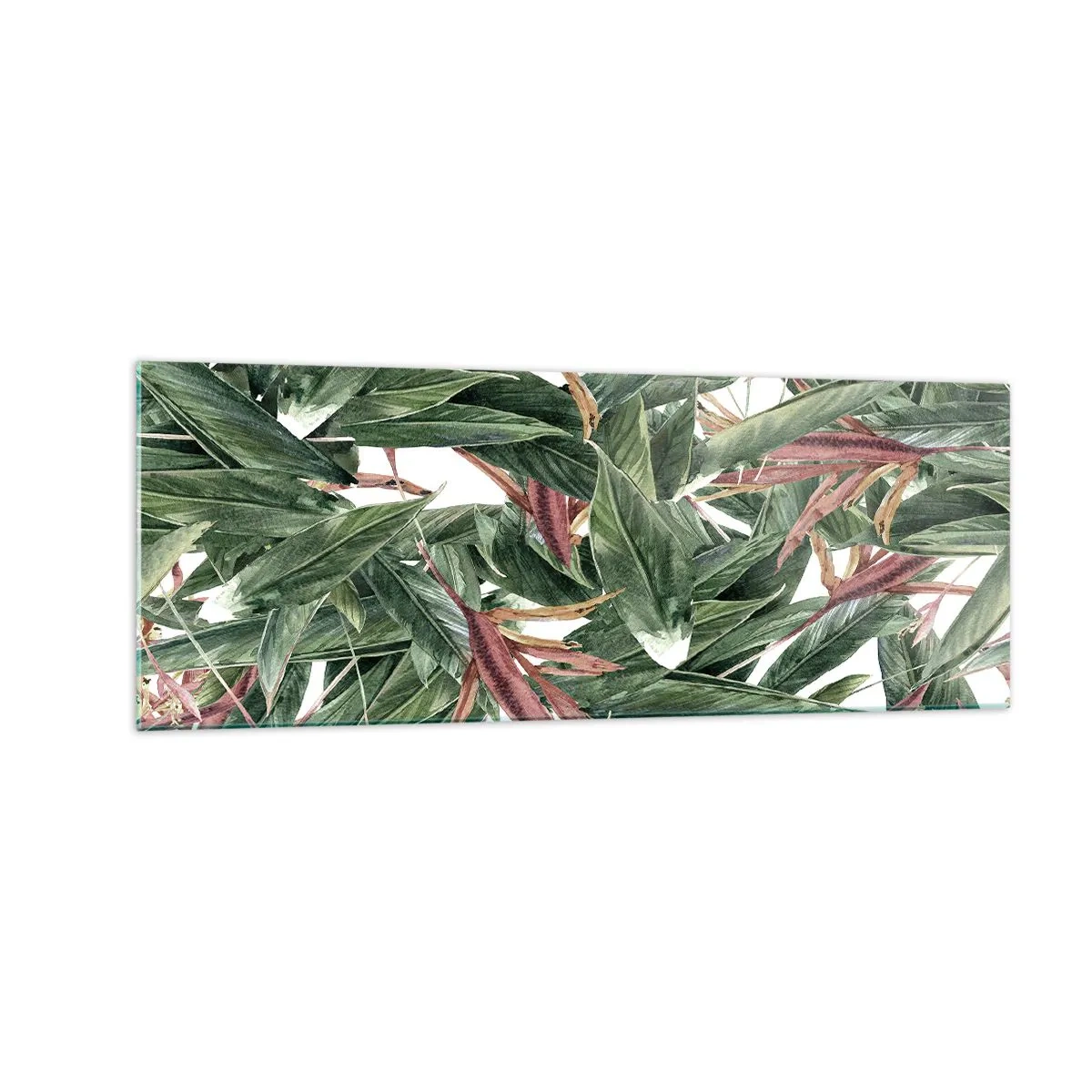 Quadro su vetro - Un motivo decorativo a foglia nei toni del verde e del bordeaux su uno sfondo chiaro - 140x50cm - Macchia smeraldo e lilla - Decorazione murale moderna per soggiorno e camera da letto ARTTOR