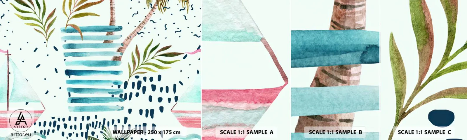 Campione Di Fotomurale Standard Eco - Vacanze sotto le palme - Acquerelli, Palma da cocco, Barca a vela - 100x30 cm