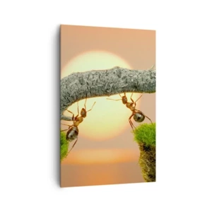 Quadro su tela - Stampe su Tela - Formiche che costruiscono un ponte di rami sullo sfondo del sole al tramonto. - 80x120cm - Gioioso lavoro comune - Decorazione murale moderna per soggiorno e camera da letto ARTTOR