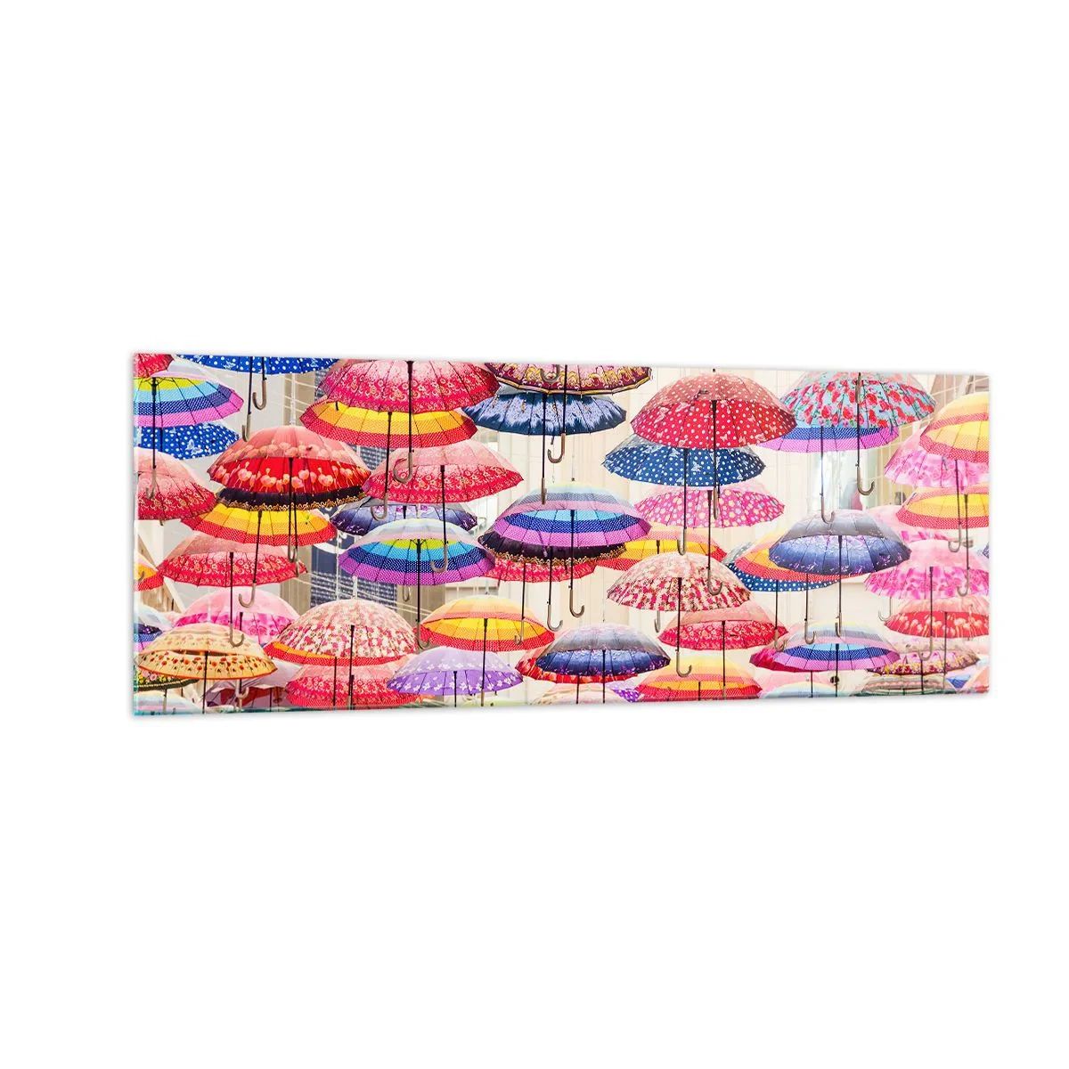 Quadro su vetro - Ombrelli colorati sospesi nell'aria - 140x50cm - Prato cittadino - Decorazione murale moderna per soggiorno e camera da letto ARTTOR