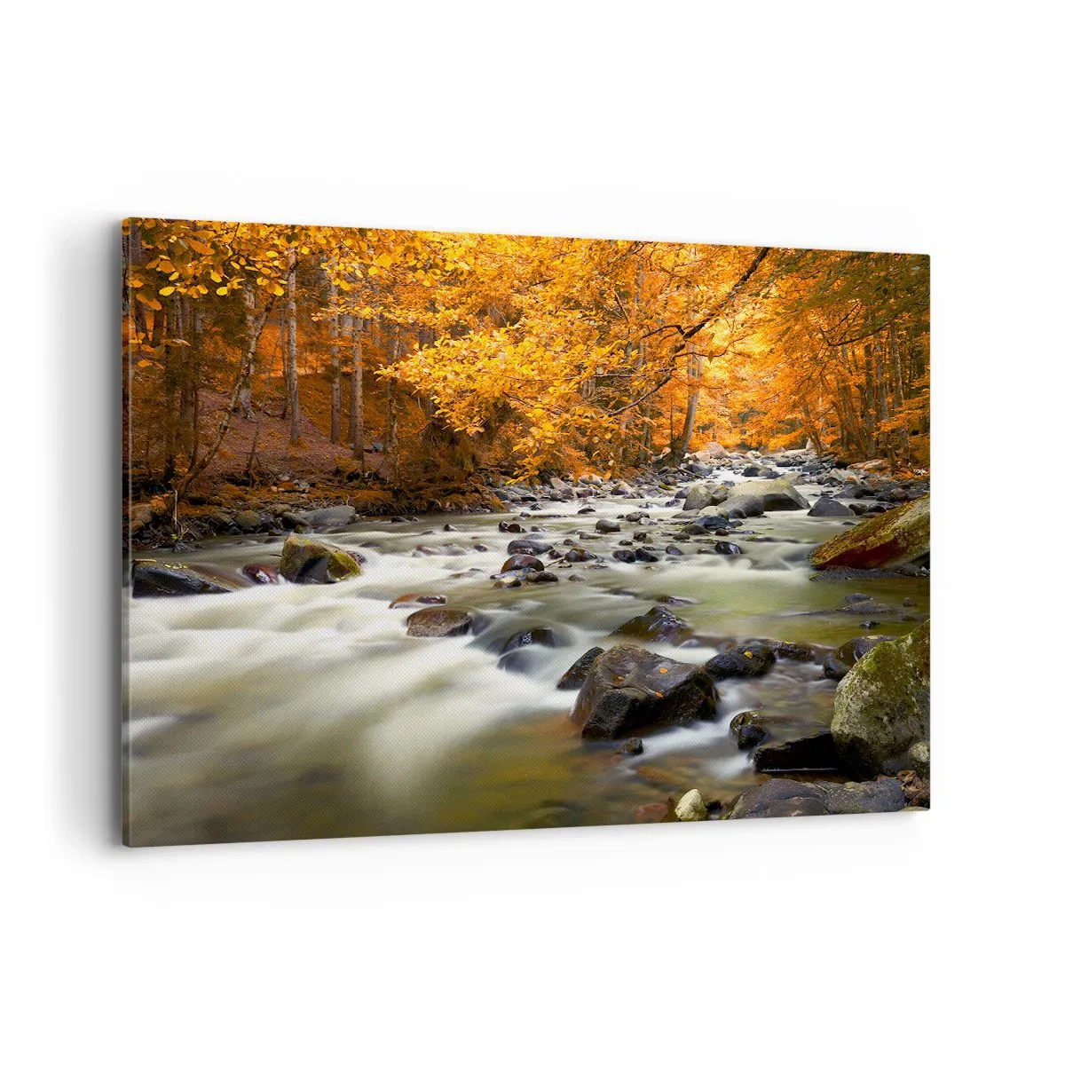 Quadro su tela - Stampe su Tela - Un ruscello in una foresta autunnale circondato da foglie dorate - 120x80cm - Ruscello nel bosco dorato - Decorazione murale moderna per soggiorno e camera da letto ARTTOR