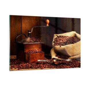 Quadro su vetro - Un vecchio macinacaffè con chicchi e un sacchetto di caffè - 120x80cm - Natura morta con chicchi di caffè e macinino - Decorazione murale moderna per soggiorno e camera da letto ARTTOR