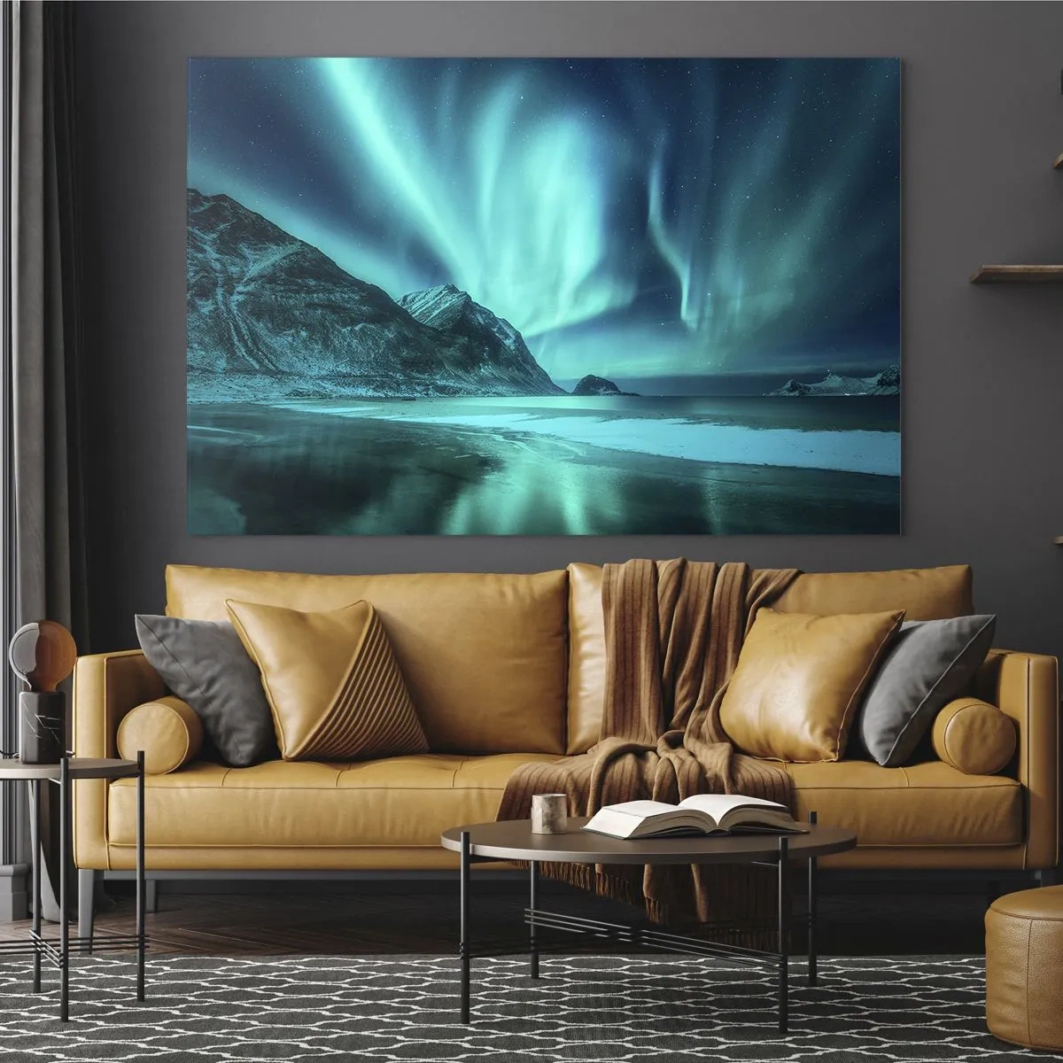 Quadro su vetro - Aurora boreale su un paesaggio montano e mare ghiacciato - 70x50cm - Miracolo del Nord - Decorazione murale moderna per soggiorno e camera da letto ARTTOR