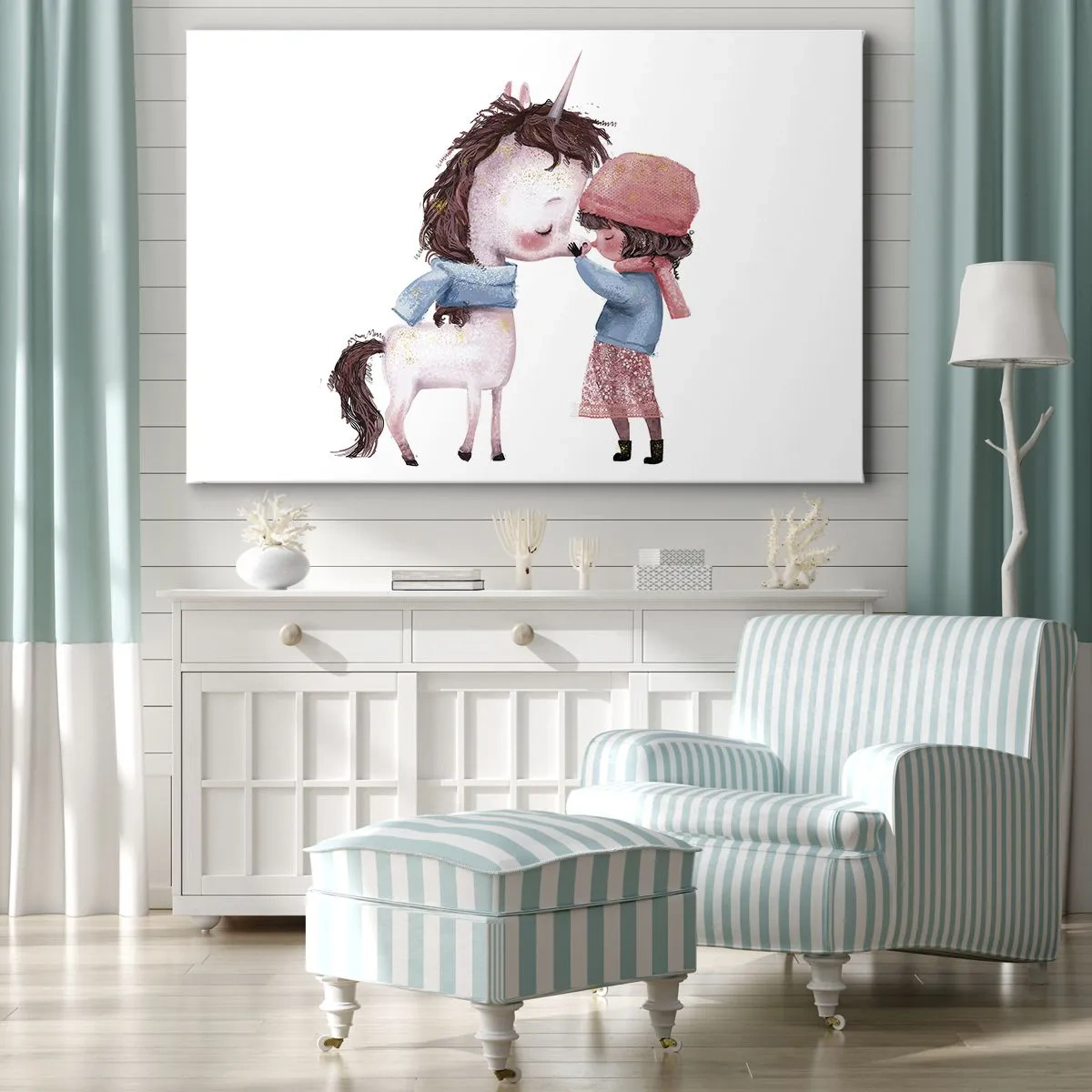 Quadro su tela - Stampe su Tela - Una ragazza e un unicorno in uno scenario invernale - 70x50cm - Racconto d'inverno - Decorazione murale moderna per soggiorno e camera da letto ARTTOR